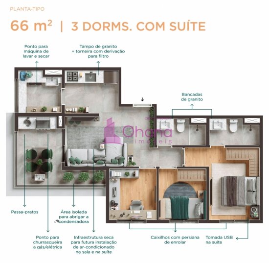 Planta tipo do apto de 66 m² com 3 dormitórios