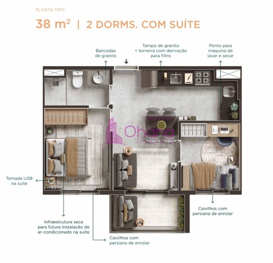 Planta tipo do apto. de 38 m² com 2 dormitórios