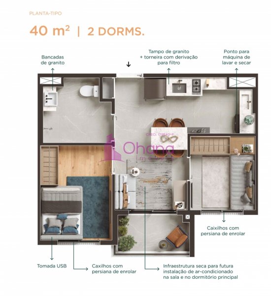 Planta tipo do apto de 40 m² com 2 dormitórios