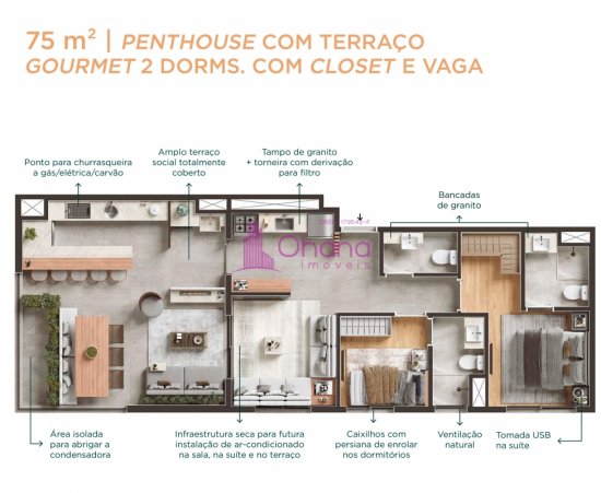 Planta Penthouse de 75m² com 2 dormitórios, terraço, closet e vaga